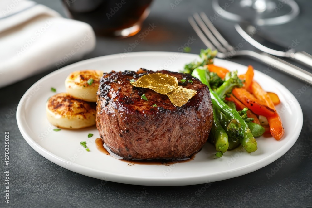 A delicious grilled steak set against a backdrop of seasonal vegetables, garnished elegantly to highlight the artistry and care behind fine gourmet meals. A delicious grilled steak set against a backdrop of seasonal vegetables, garnished elegantly to highlight the artistry and care behind fine gourmet meals.