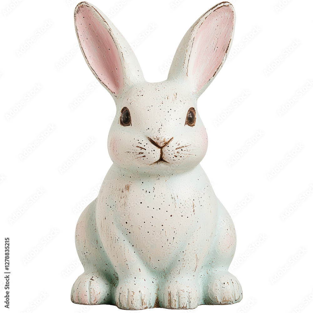 Fototapeta premium A charming ceramic rabbit figurine with a speckled finish, featuring long ears and a cute, rounded face. isolated on white background.