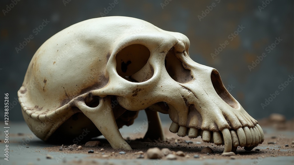 A detailed image of a gorilla skull lying on a surface, showcasing its bone structure and teeth. A detailed image of a gorilla skull lying on a surface, showcasing its bone structure and teeth.