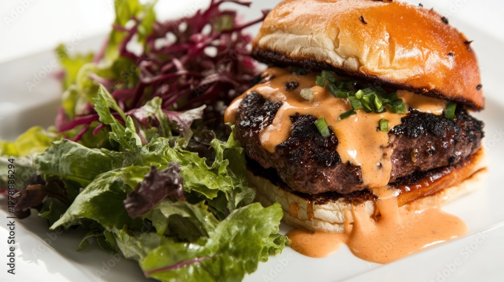 Close up view of a gourmet hamburger on a white plate. The burger features a seasoned, dark brown, beef patty, topped with a vibrant orange red sauce, likely a sriracha mayo or similar. The bun is a Close up view of a gourmet hamburger on a white plate. The burger features a seasoned, dark brown, beef patty, topped with a vibrant orange red sauce, likely a sriracha mayo or similar. The bun is a