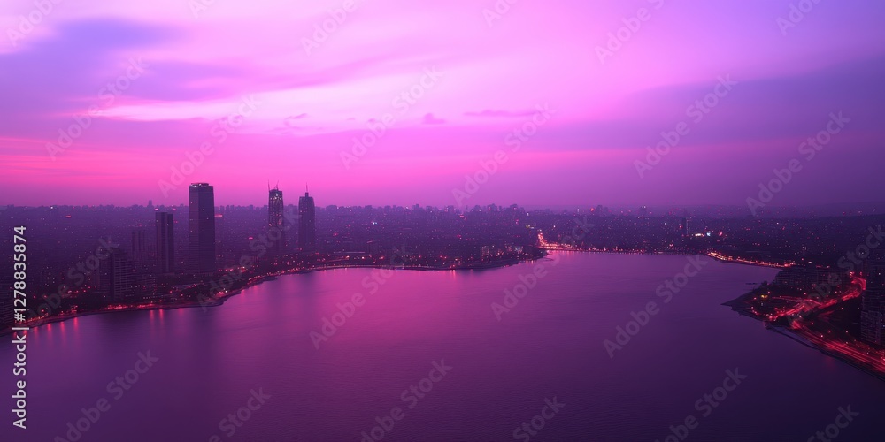 Fototapeta premium A vibrant purple sky envelops a cityscape, showcasing a river flowing gracefully beneath a striking bridge, creating a serene urban vista.