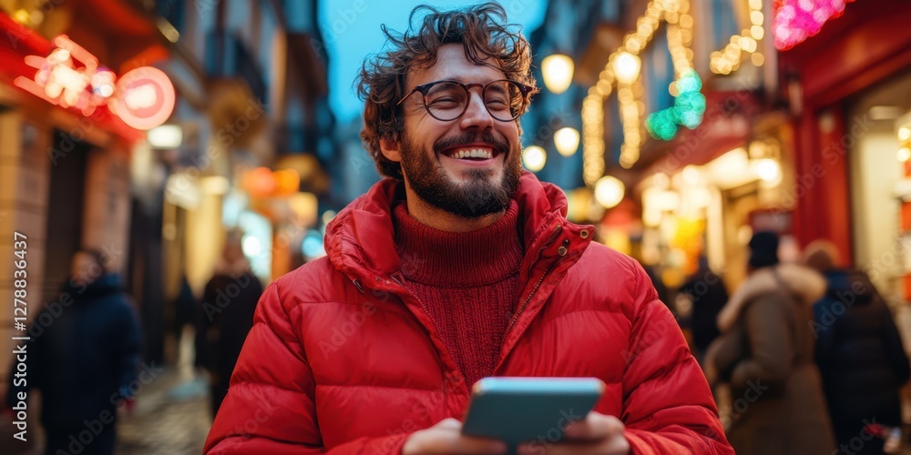 A man in a red jacket is focused on his cell phone while standing in an urban environment, surrounded by the hustle and bustle of the city. A man in a red jacket is focused on his cell phone while standing in an urban environment, surrounded by the hustle and bustle of the city.