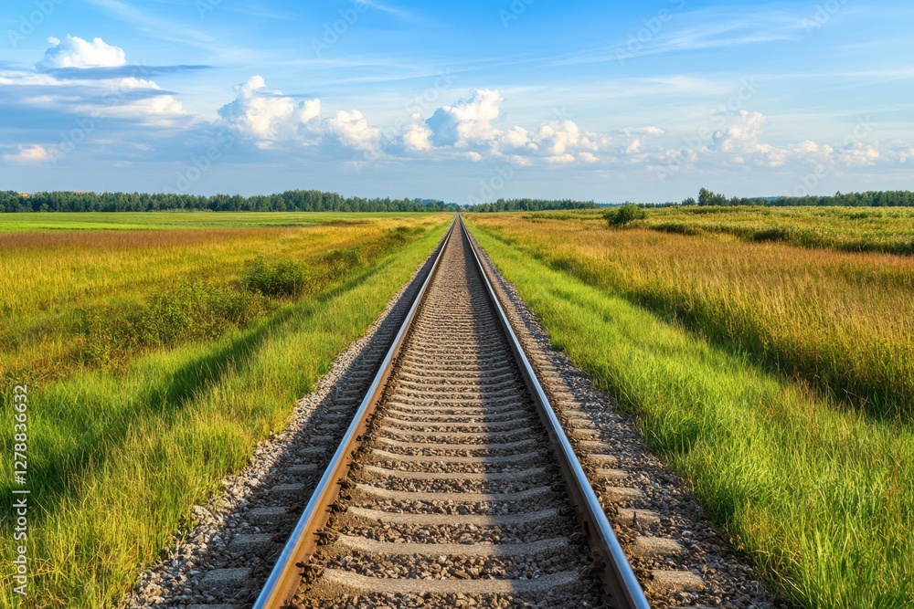 A train track stretches through a vast field, showcasing the stark contrast between the industrial and natural landscapes surrounding it. A train track stretches through a vast field, showcasing the stark contrast between the industrial and natural landscapes surrounding it.