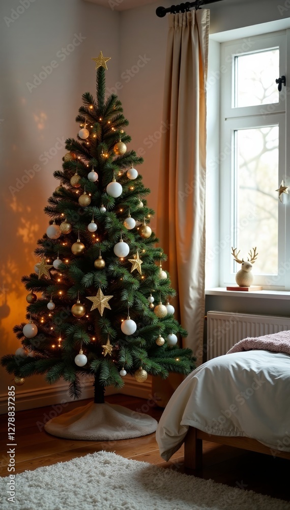 Fototapeta premium Cozy Christmas tree in the corner of a child's bedroom, tree branches, ornaments