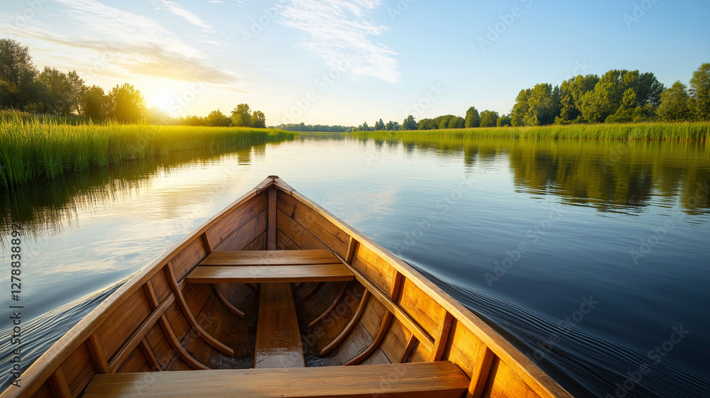 wooden rowing boat on calm river during summer, surrounded by lush greenery and reflecting sunlight. serene atmosphere invites relaxation and exploration wooden rowing boat on calm river during summer, surrounded by lush greenery and reflecting sunlight. serene atmosphere invites relaxation and exploration