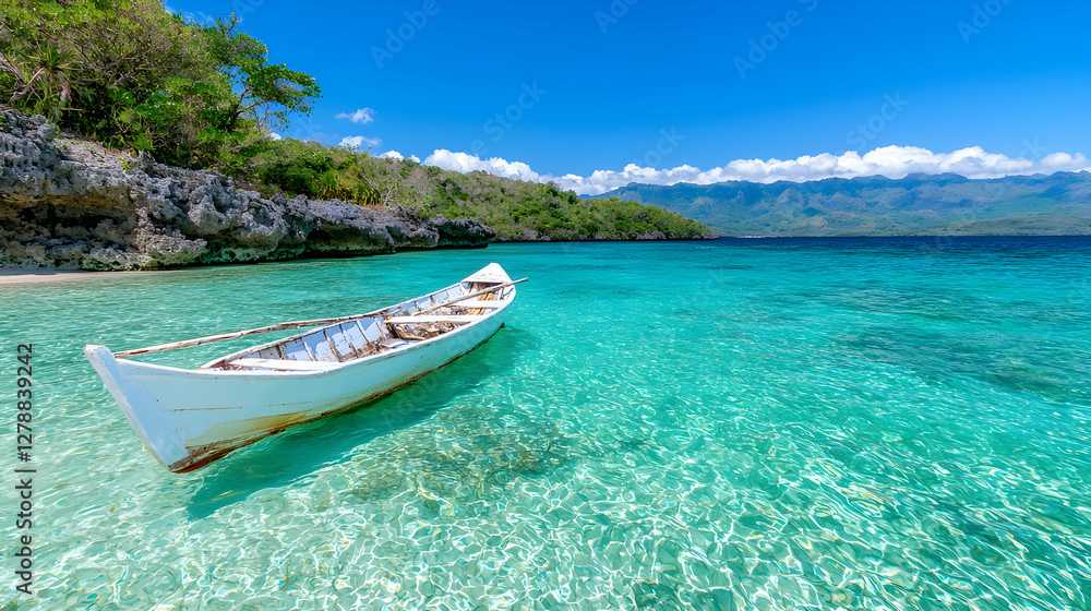 Naklejka premium Tropical beach boat calm water island paradise vacation