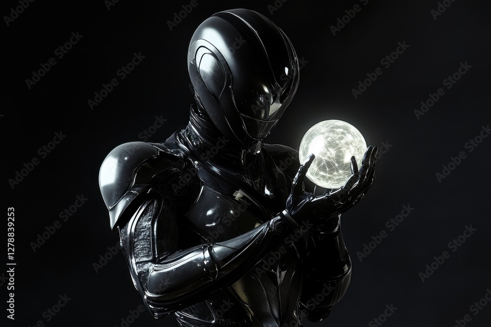 Naklejka premium A futuristic figure in dark armor cradling a glowing sphere, evoking science fiction and technological advancement on a plain background.