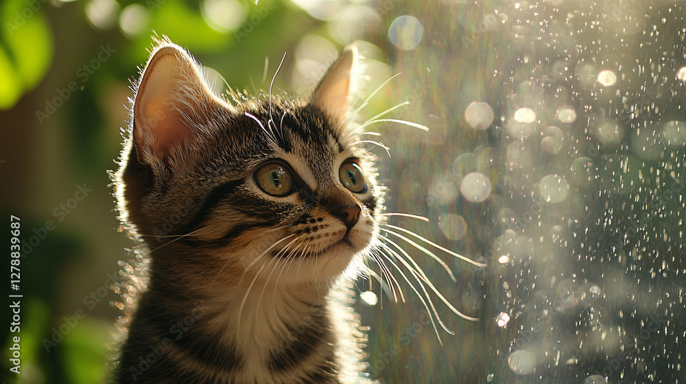 Serene Gaze: A captivating close-up of a tabby kitten gazing towards the light, showcasing its captivating eyes and whisker in a moment of serene contemplation. Serene Gaze: A captivating close-up of a tabby kitten gazing towards the light, showcasing its captivating eyes and whisker in a moment of serene contemplation.