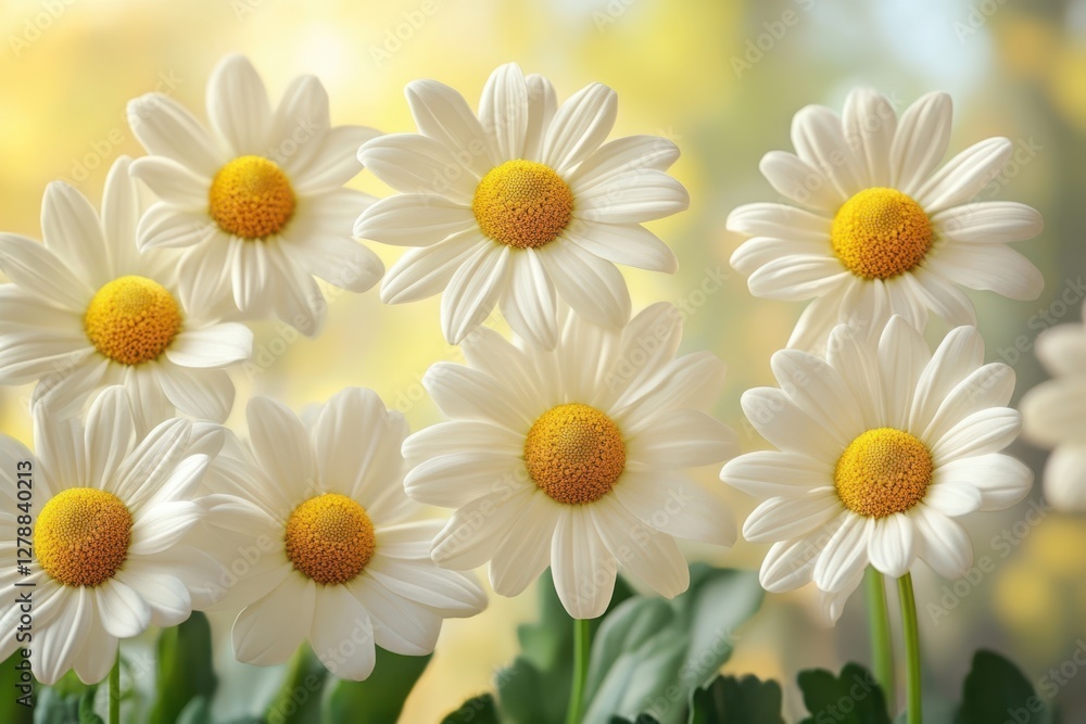 Fototapeta premium A vase filled with numerous white flowers featuring vibrant yellow centers, creating a striking and cheerful floral arrangement.