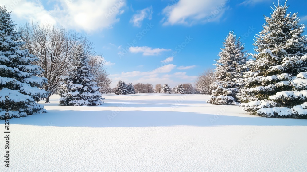 Beautiful Winter Landscape with Fresh Snow and Blue Sky