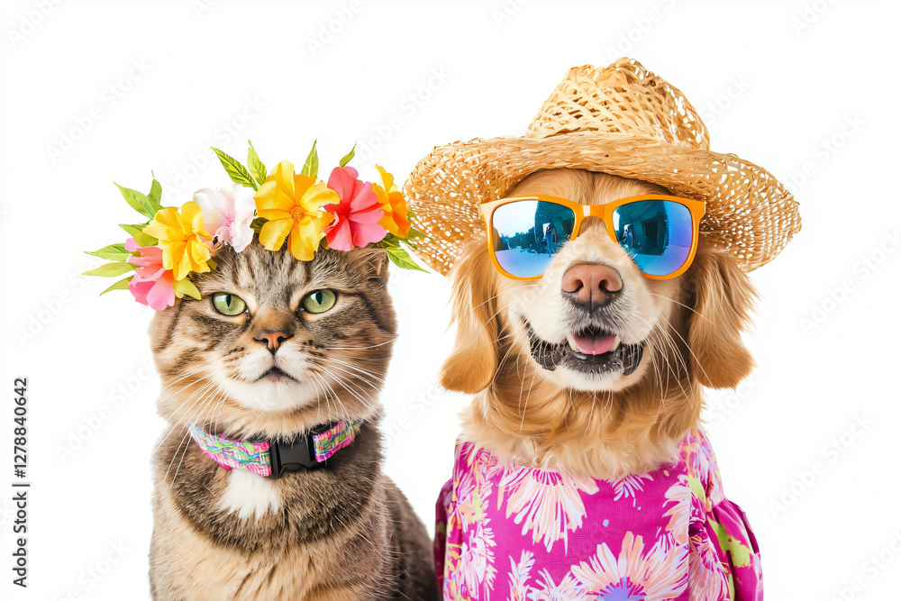 Summer Pets: A charming cat and a fashionable dog, adorned in sunglasses, straw hat, and floral accessories, exude summer vibes, perfect for capturing the essence of fun, vacation, and holiday spirit. Summer Pets: A charming cat and a fashionable dog, adorned in sunglasses, straw hat, and floral accessories, exude summer vibes, perfect for capturing the essence of fun, vacation, and holiday spirit.