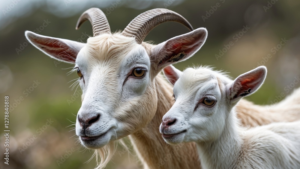 Two goats one adult and one kid standing together in a natural outdoor setting with soft focus background. Two goats one adult and one kid standing together in a natural outdoor setting with soft focus background.