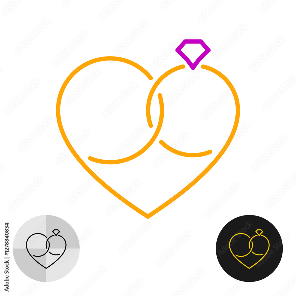 Wedding rings in heart shape. Vector linear icon with outline. Marriage rings with diamond and heart shaped line symbol. Editable stroke. Wedding rings in heart shape. Vector linear icon with outline. Marriage rings with diamond and heart shaped line symbol. Editable stroke.