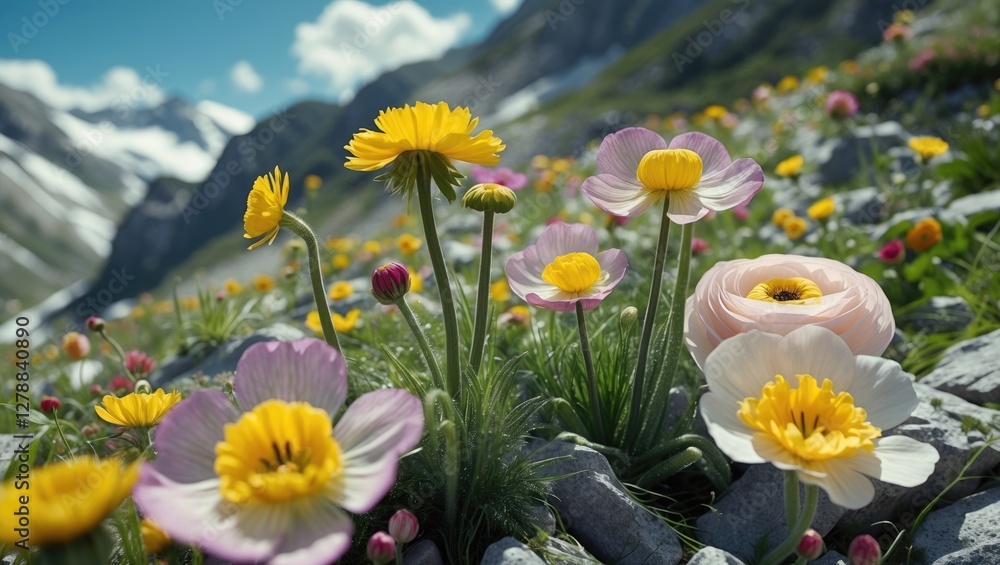 Obraz premium Mountain meadow filled with various colorful wildflowers including yellow daisies and pink ranunculus against a backdrop of mountains and blue sky.