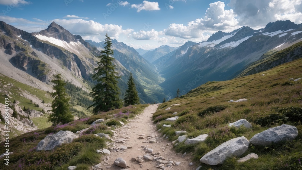 Mountain landscape with rocky path through green valley surrounded by trees and peaks under a blue sky with clouds. Mountain landscape with rocky path through green valley surrounded by trees and peaks under a blue sky with clouds.