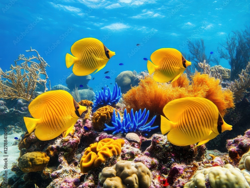 A group of yellow fish swimming in a coral reef A group of yellow fish swimming in a coral reef