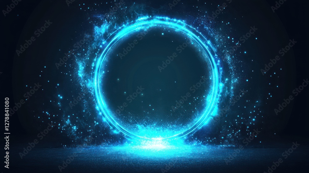 Fototapeta premium Glowing blue circle light energy ring with particles, dark background.