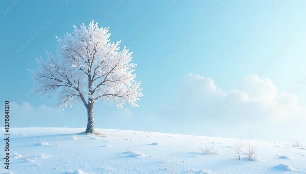 Snowy landscape with a lone white tree against a soft blue sky, tree, blue sky, frost Snowy landscape with a lone white tree against a soft blue sky, tree, blue sky, frost