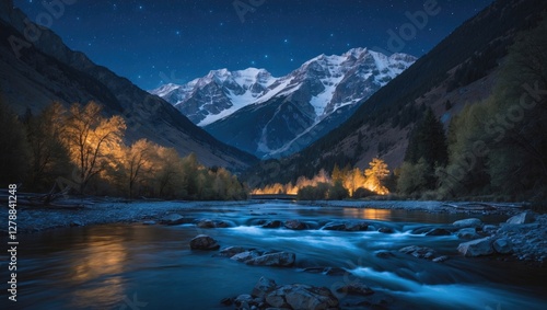 Mountain landscape under starry sky with river and illuminated trees at dusk in the foreground, showcasing rugged peaks and natural beauty. photo