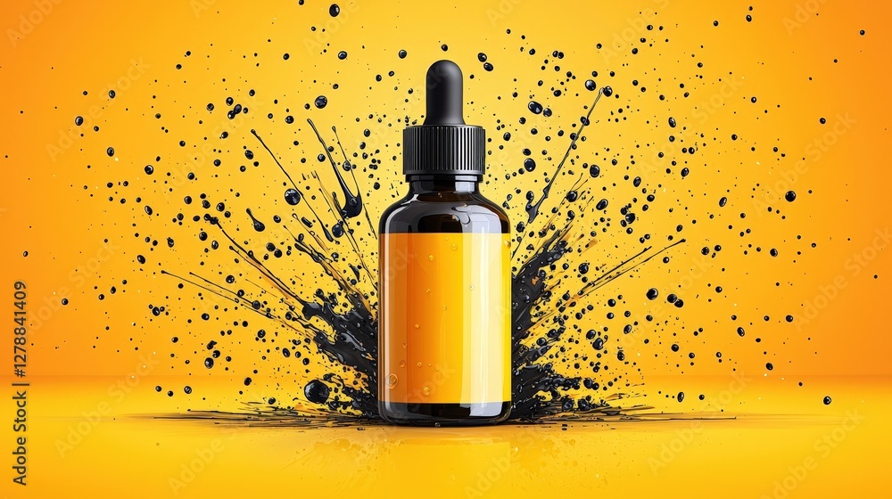 Black Dropper Bottle with Yellow Label Splashing in Paint on Bright Yellow Background Black Dropper Bottle with Yellow Label Splashing in Paint on Bright Yellow Background