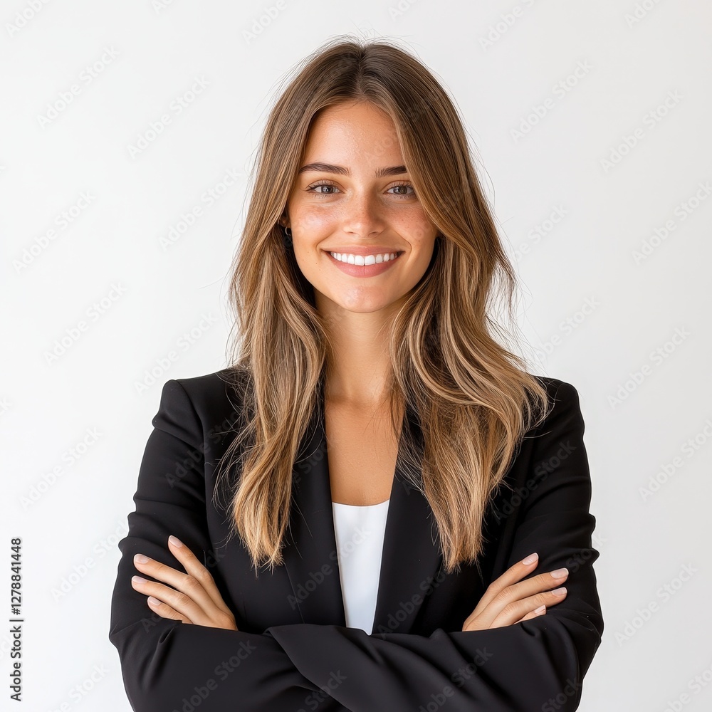 Confident and Successful Businesswoman in Black Suit Posing with Arms Crossed Confident and Successful Businesswoman in Black Suit Posing with Arms Crossed