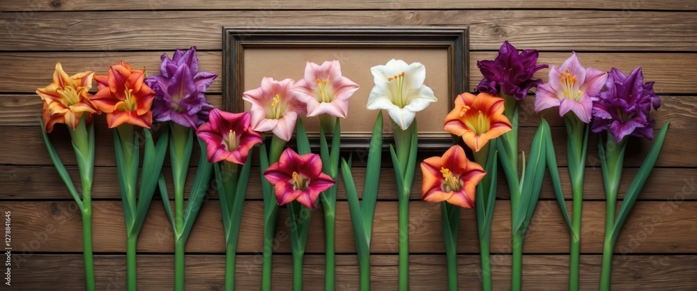Fototapeta premium Colorful artificial flowers arranged in a line against a wooden background with an empty picture frame in the center.