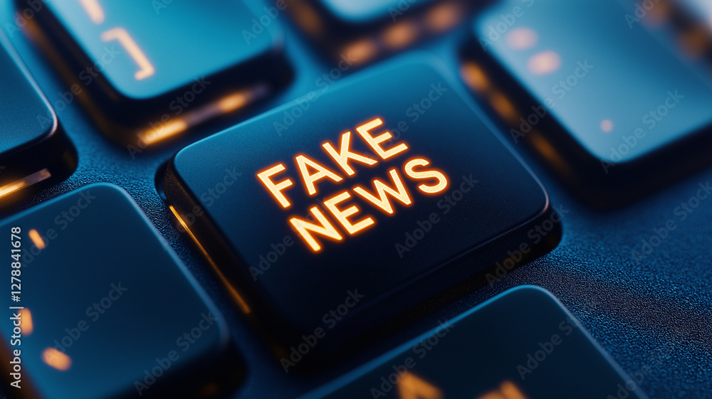 close up view of keyboard key featuring glowing text FAKE NEWS, symbolizing misinformation in digital age. dark background enhances key visibility and impact close up view of keyboard key featuring glowing text FAKE NEWS, symbolizing misinformation in digital age. dark background enhances key visibility and impact