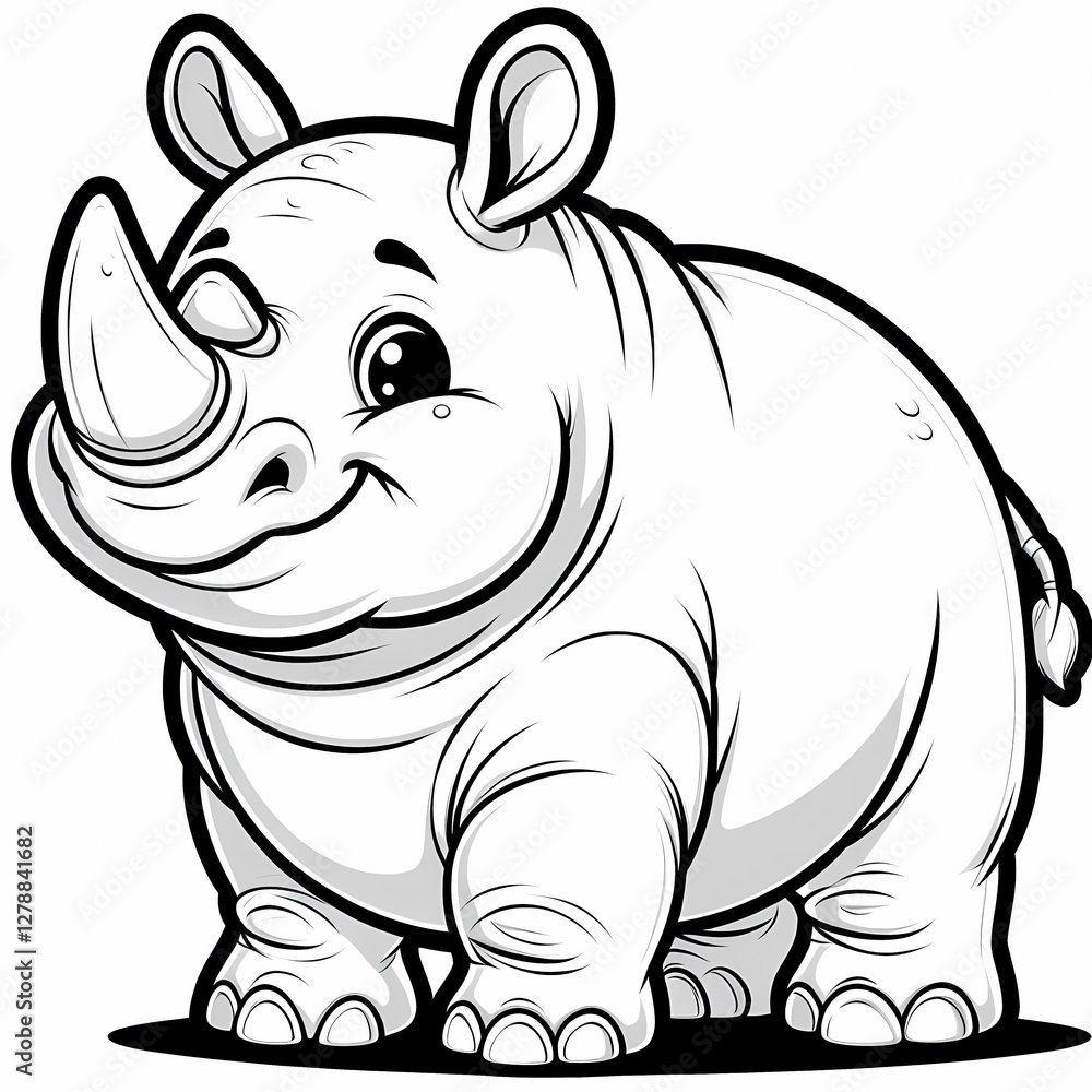 Fototapeta premium Black-and-white funny line art sketch of a friendly rhinoceros for children's coloring book