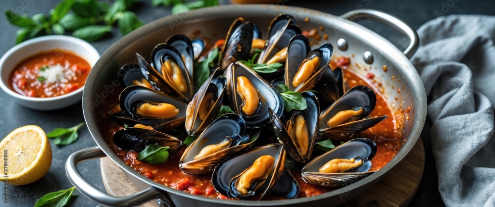 Fototapeta premium Mussels in a tomato sauce garnished with fresh basil served in a stainless steel pan with lemon and dipping sauce on a rustic wooden table