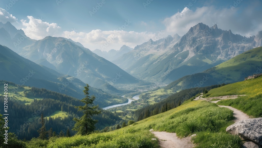 Fototapeta premium Mountain landscape with lush green valley, winding river, and majestic peaks under a blue sky with scattered clouds.