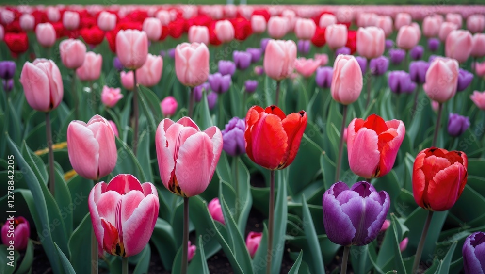 Colorful tulip field with various shades of pink, red, and purple tulips blooming among green foliage in a garden setting.