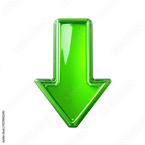A 3d  shiny green down arrow with color on transparent background
