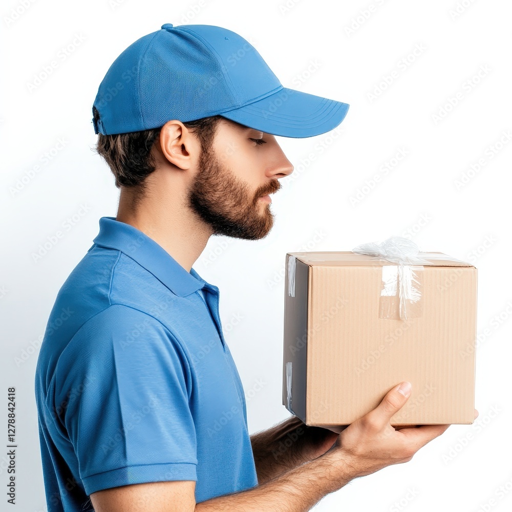 Courier Worker Holding Cardboard Box Package in Uniform Courier Worker Holding Cardboard Box Package in Uniform