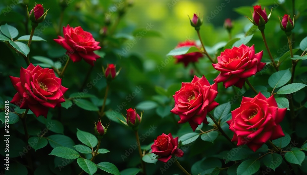 Red roses nestled among dense green foliage with branches, roses, greenery, foliage Red roses nestled among dense green foliage with branches, roses, greenery, foliage