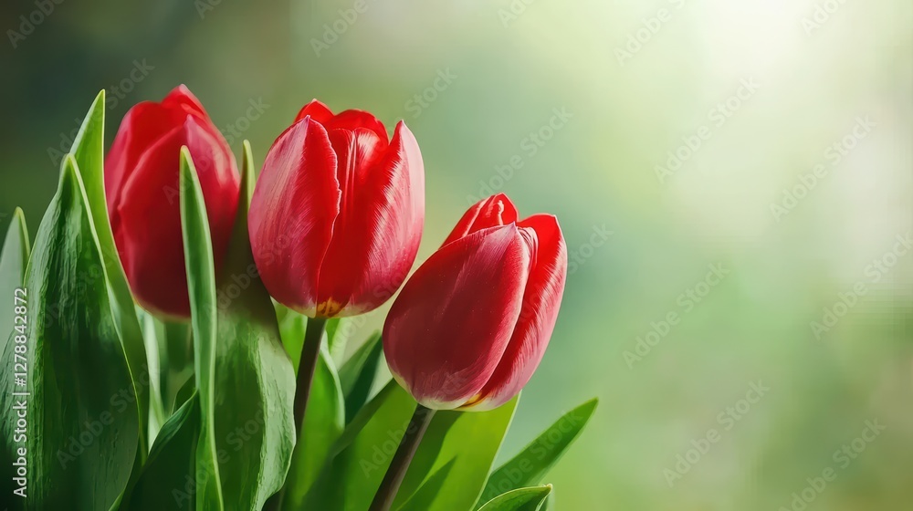 Beautiful Red Tulips with Green Leaves Against Soft Background Beautiful Red Tulips with Green Leaves Against Soft Background