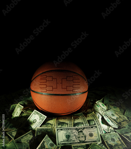 Basketball with march madness tournament bracket on a pile of cash on black