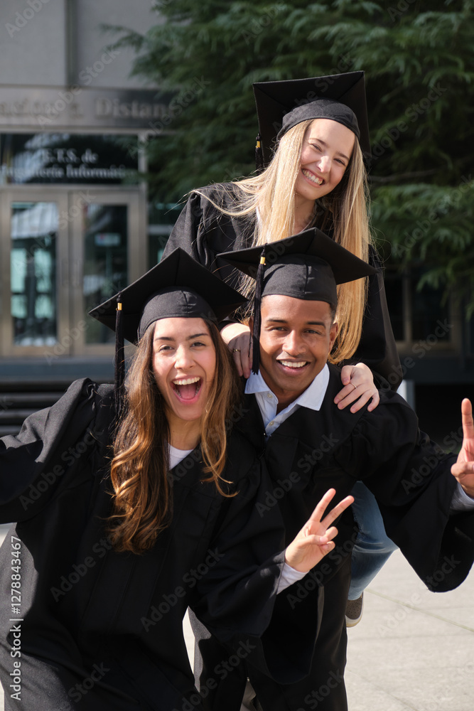 Three cheerful multi ethnic graduates wearing gowns and mortarboards gesturing victory sign celebrating graduation day