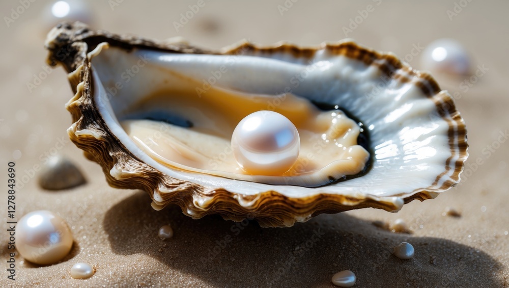 Oyster shell with pearl on sandy beach surrounded by smaller pearls in natural sunlight Oyster shell with pearl on sandy beach surrounded by smaller pearls in natural sunlight