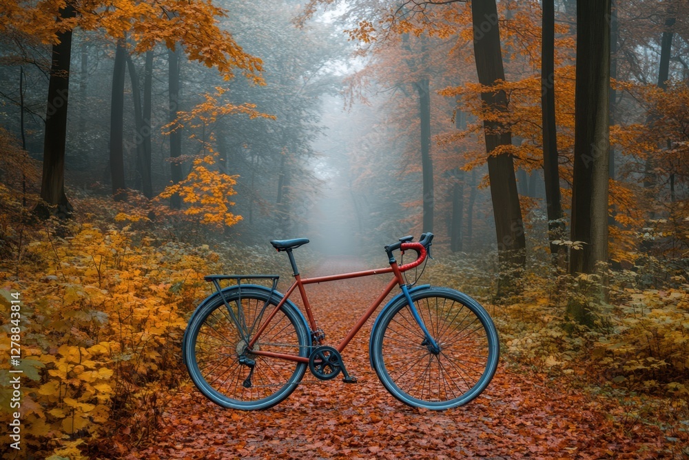 Fototapeta premium A vibrant red bike is parked along a scenic path surrounded by lush greenery in a tranquil wooded area.