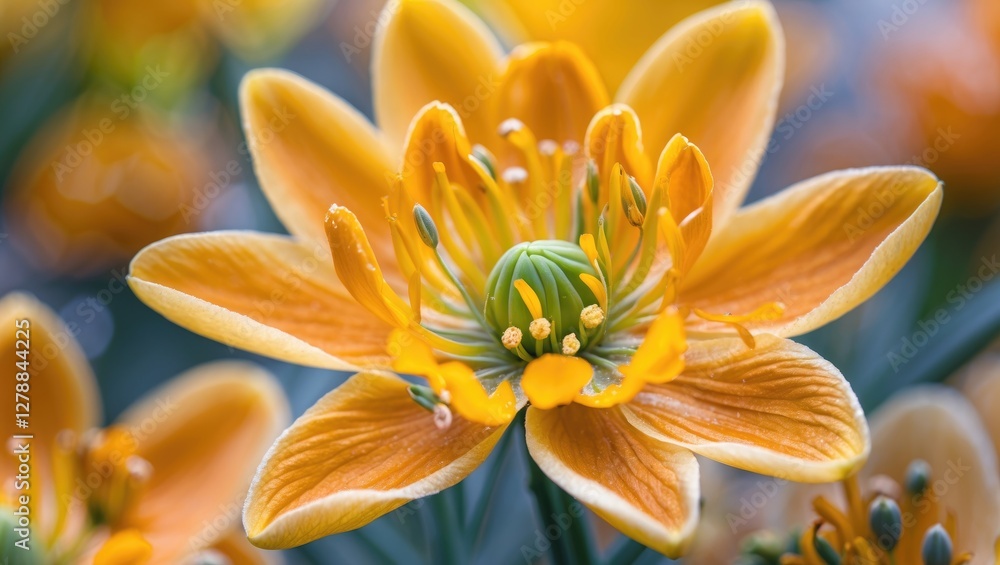 Close-up of vibrant orange flower with intricate petals and yellow anthers on a blurred floral background. Close-up of vibrant orange flower with intricate petals and yellow anthers on a blurred floral background.