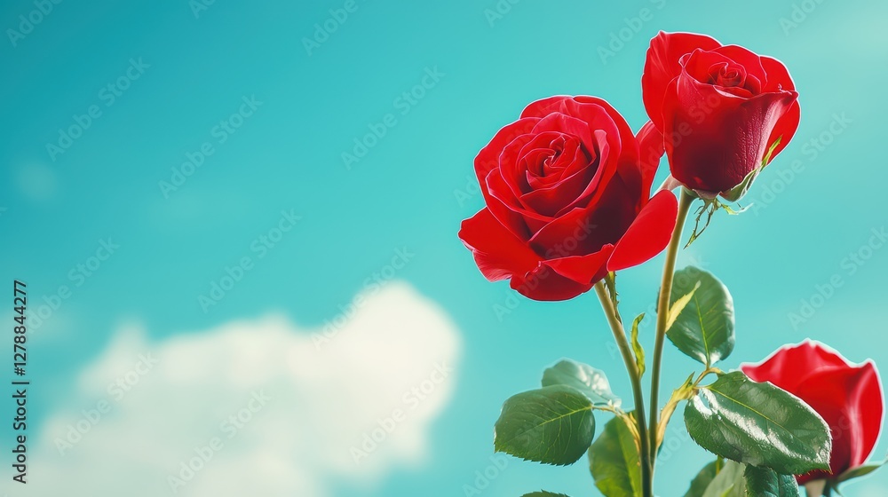 Vibrant Red Roses Against a Clear Blue Sky in Springtime Bloom Vibrant Red Roses Against a Clear Blue Sky in Springtime Bloom