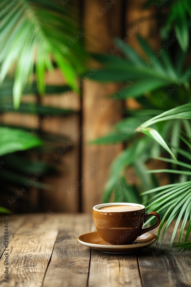 Rustic wooden table with tropical plants and coffee cup Rustic wooden table with tropical plants and coffee cup