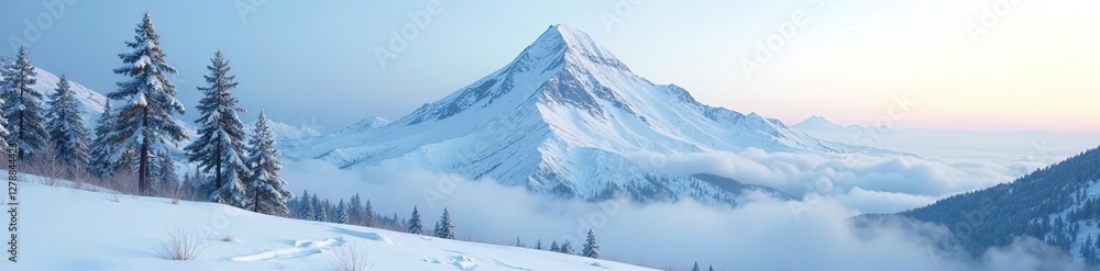 Obraz premium Snowy mountain peak with misty atmosphere and bare trees, landscape, natural