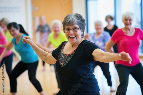 Seniors enjoy a lively dance class full of joy and movement in a bright studio