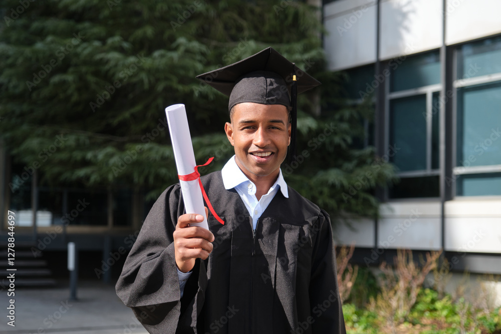 Young african american graduate wearing cap and gown, holding his diploma, celebrating in front of university building