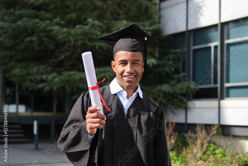 Obraz na płótnie Young african american graduate wearing cap and gown, holding his diploma, celebrating in front of university building w salonie