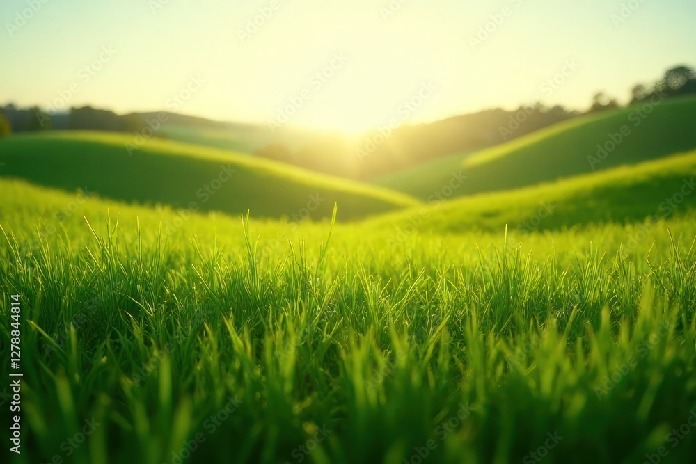serene scene of green hills and vibrant grass field, illuminated by sunlight, with pollen particles dancing in air, creating magical atmosphere, background. serene scene of green hills and vibrant grass field, illuminated by sunlight, with pollen particles dancing in air, creating magical atmosphere, background.