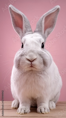 A fluffy white rabbit stands still, showcasing its large ears and round face. The soft pink backdrop emphasizes the rabbit's adorable features and creates a cheerful atmosphere.