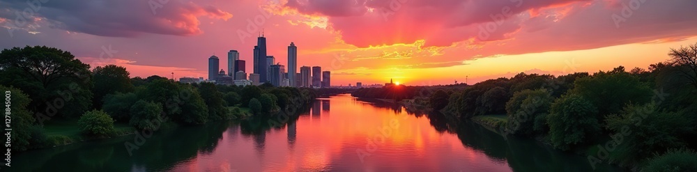 River landscape with Colorado River flowing under Austin Texas skyline at sunset, west texas, horizon, colorado river River landscape with Colorado River flowing under Austin Texas skyline at sunset, west texas, horizon, colorado river