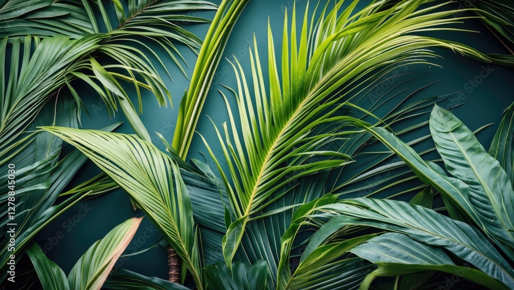 Luxurious tropical palm leaves on deep green background creating a lush exotic foliage pattern for design purposes Luxurious tropical palm leaves on deep green background creating a lush exotic foliage pattern for design purposes